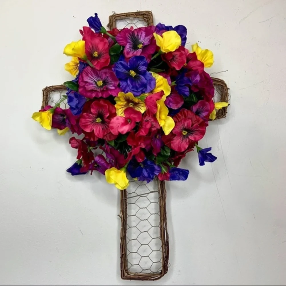 Easter Spring Floral Cross Wreath Pansy Door Decor